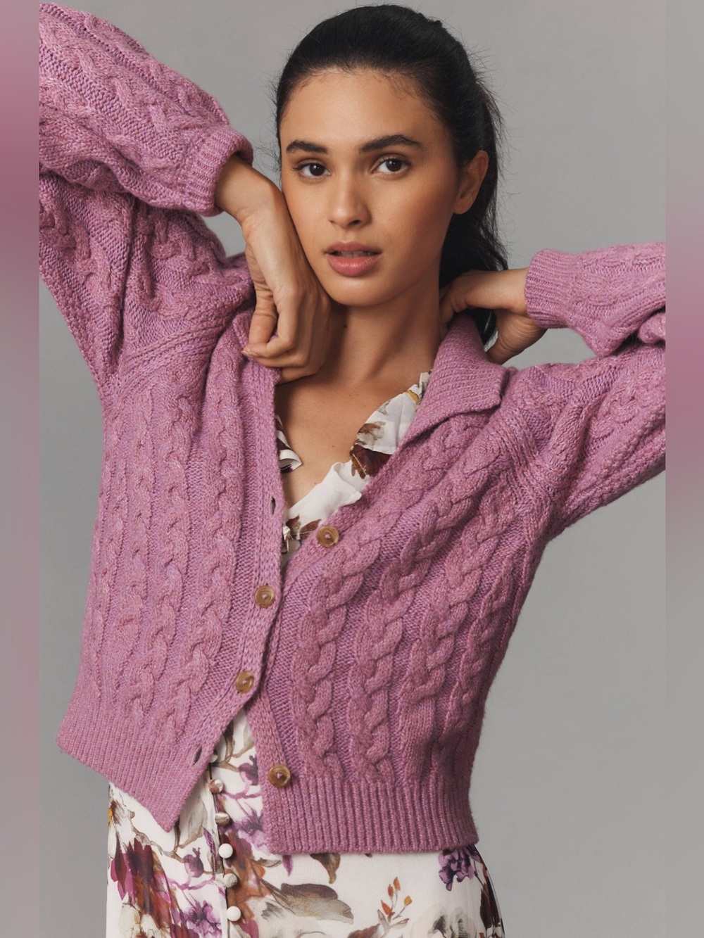 MAEVE by Anthropologie Hourglass Cable Knit Collared Cardigan Lavender Size SMAL
